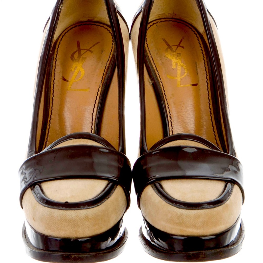 YSL vegan and patent trimmed platform pumps 6.5